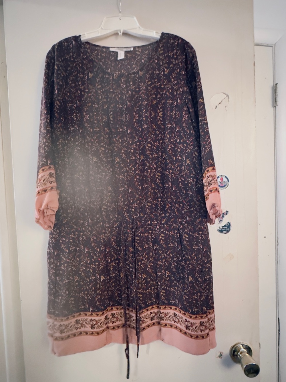 Forever 21 Navy Floral Long Sleeve Tunic Dress with Pink Trim